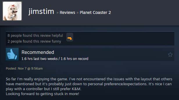 Screenshot showing Steam user reviews of Planet Coaster 2.